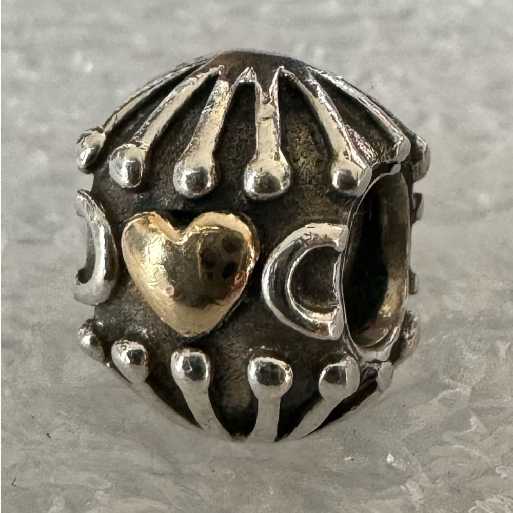 Pandora 925 Sterling & 14K Gold Two Tone Hatched Heart Cage Retired Bead Charm - Picture 3 of 4